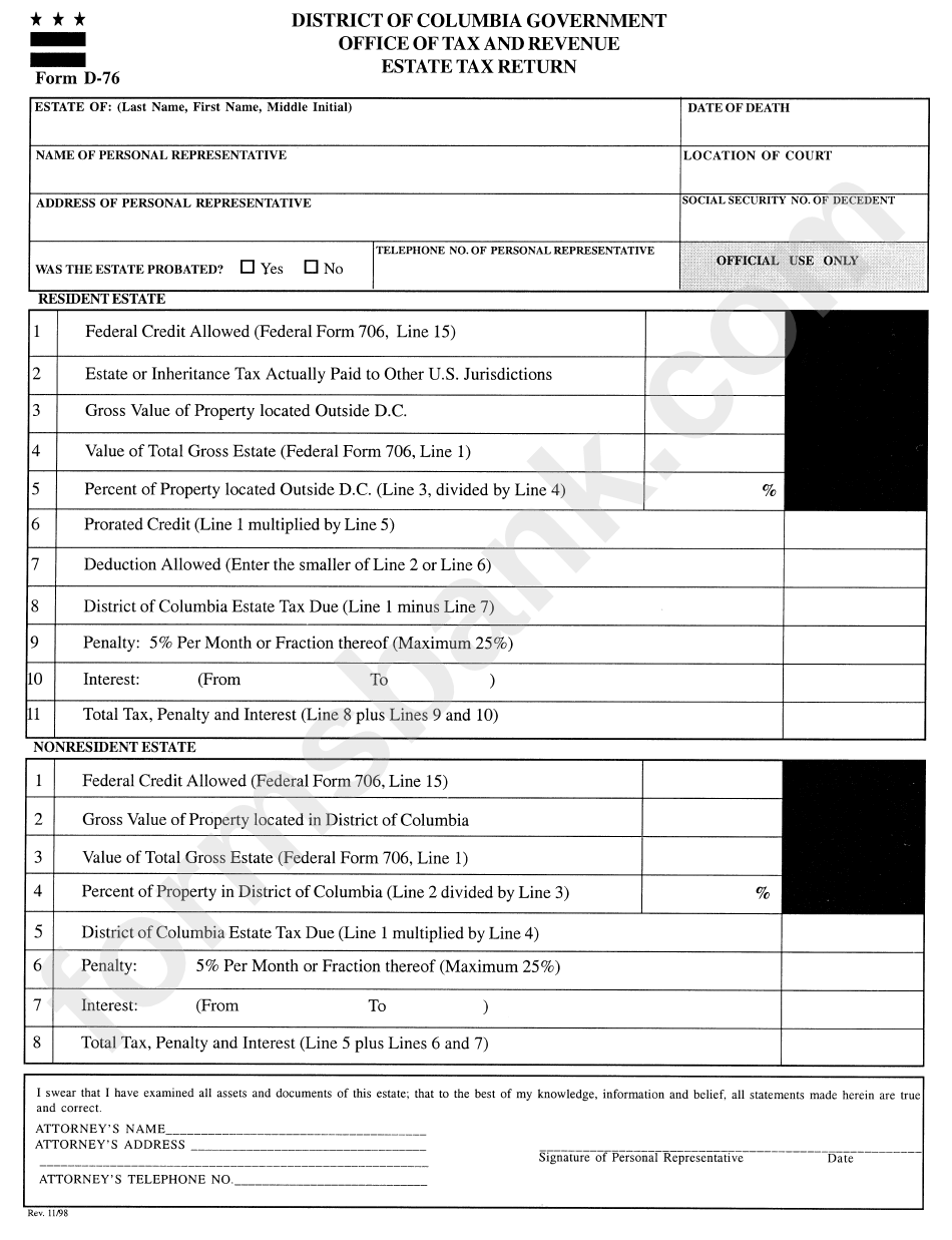Form D76 Estate Tax Return Office Of Tax And Revenue District Of