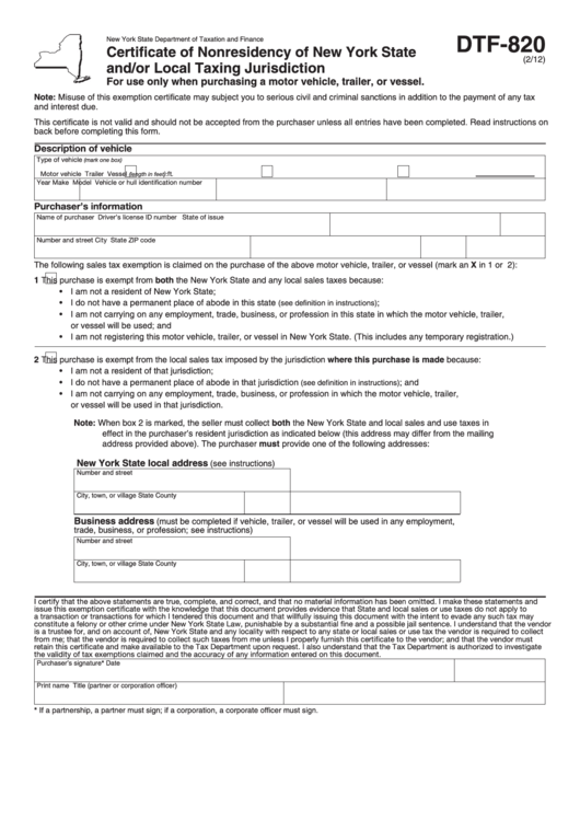 Form Dtf820 Certificate Of Nonresidency Of New York State And/or