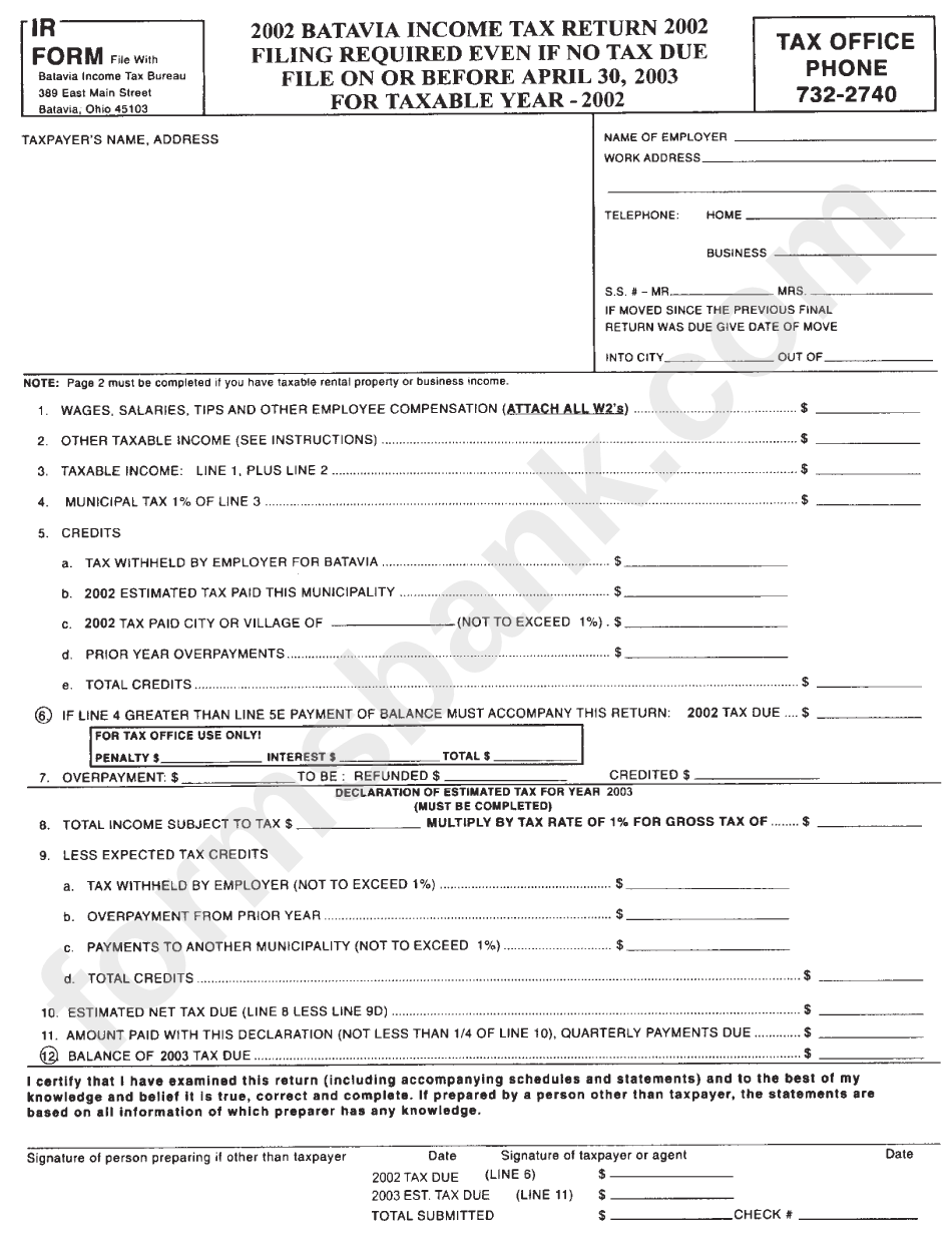 Ir Form Batavia Tax Return 2002 printable pdf download