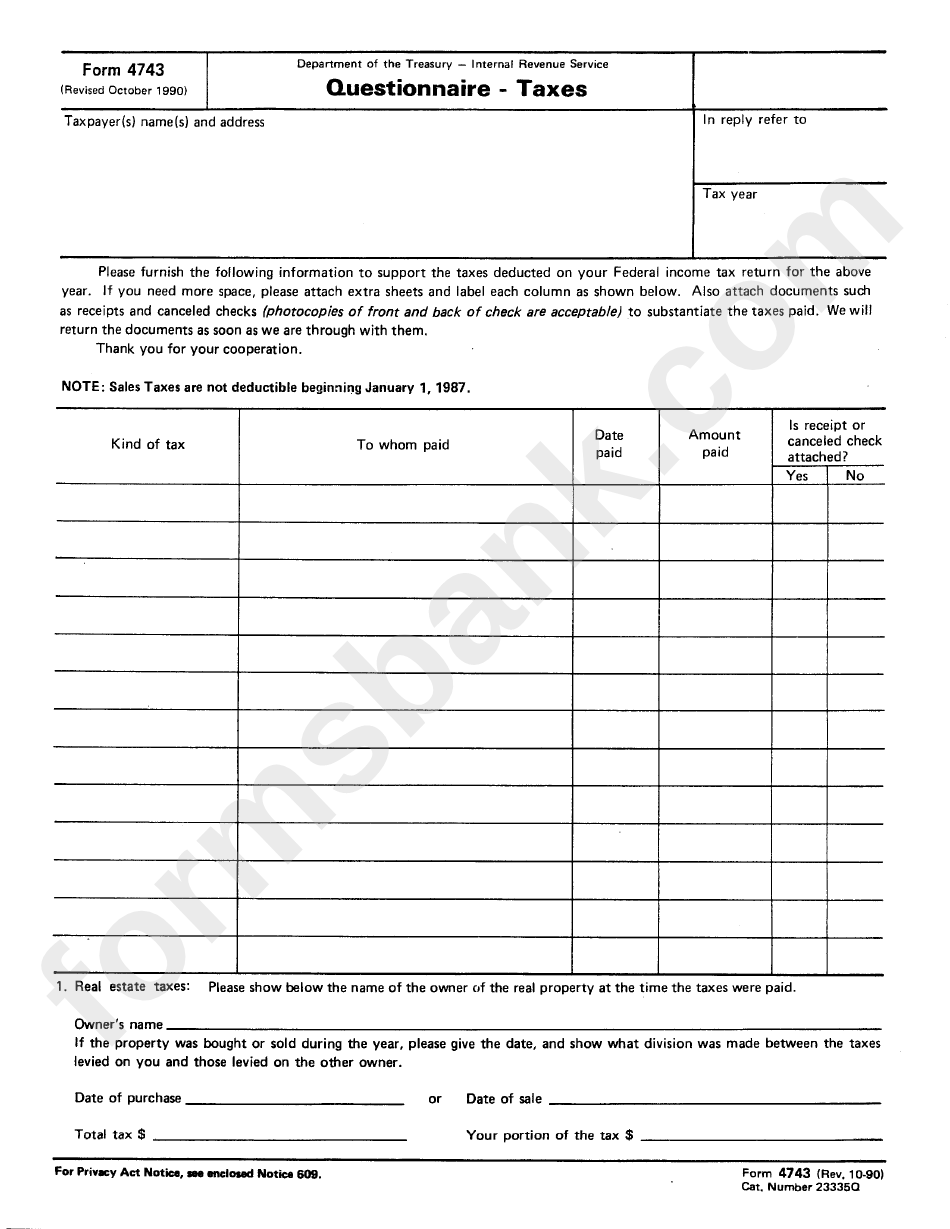 Form 4743 QuestionnaireTaxes 1990 printable pdf download