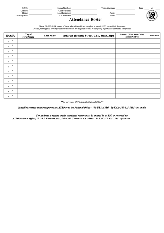 Attendance Roster Template Ayso printable pdf download