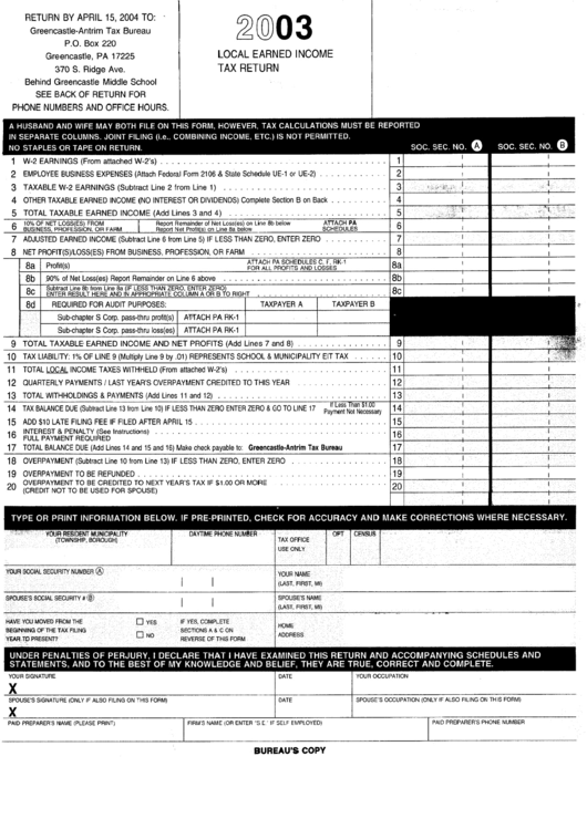 Local Earned Tax Return 2003 printable pdf download