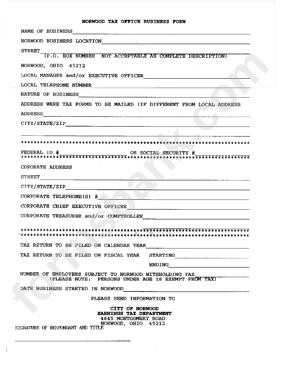 Norwood Tax Office Business Form Ohio printable pdf download