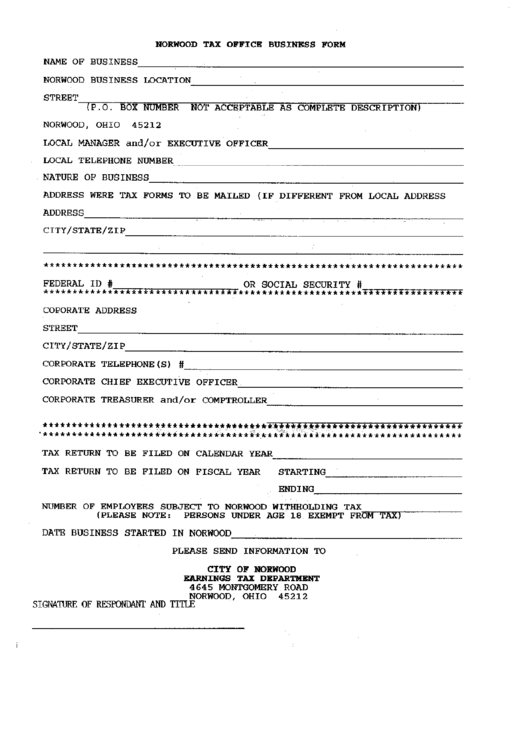 Norwood Tax Office Business Form Ohio printable pdf download
