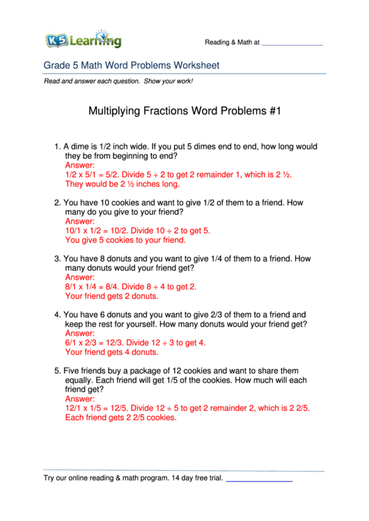 Grade 5 Math Word Problems Worksheet printable pdf download