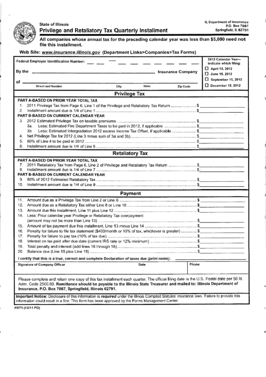 Form Prt1 Privilege And Retaliatory Tax Quarterly Installment Il Department Of Insurance