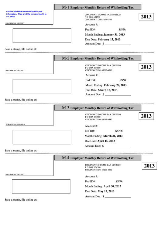 Fillable Employer Monthly Return Of Withholding Tax Cincinnati