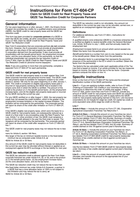Instructions For Form Ct604Cp Claim For Qeze Credit For Real