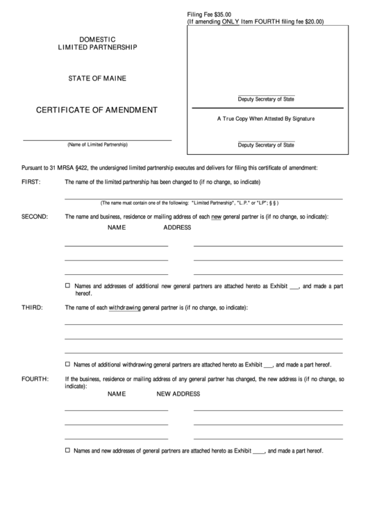 Fillable Form Mlpa9 Certificate Of Amendment Maine