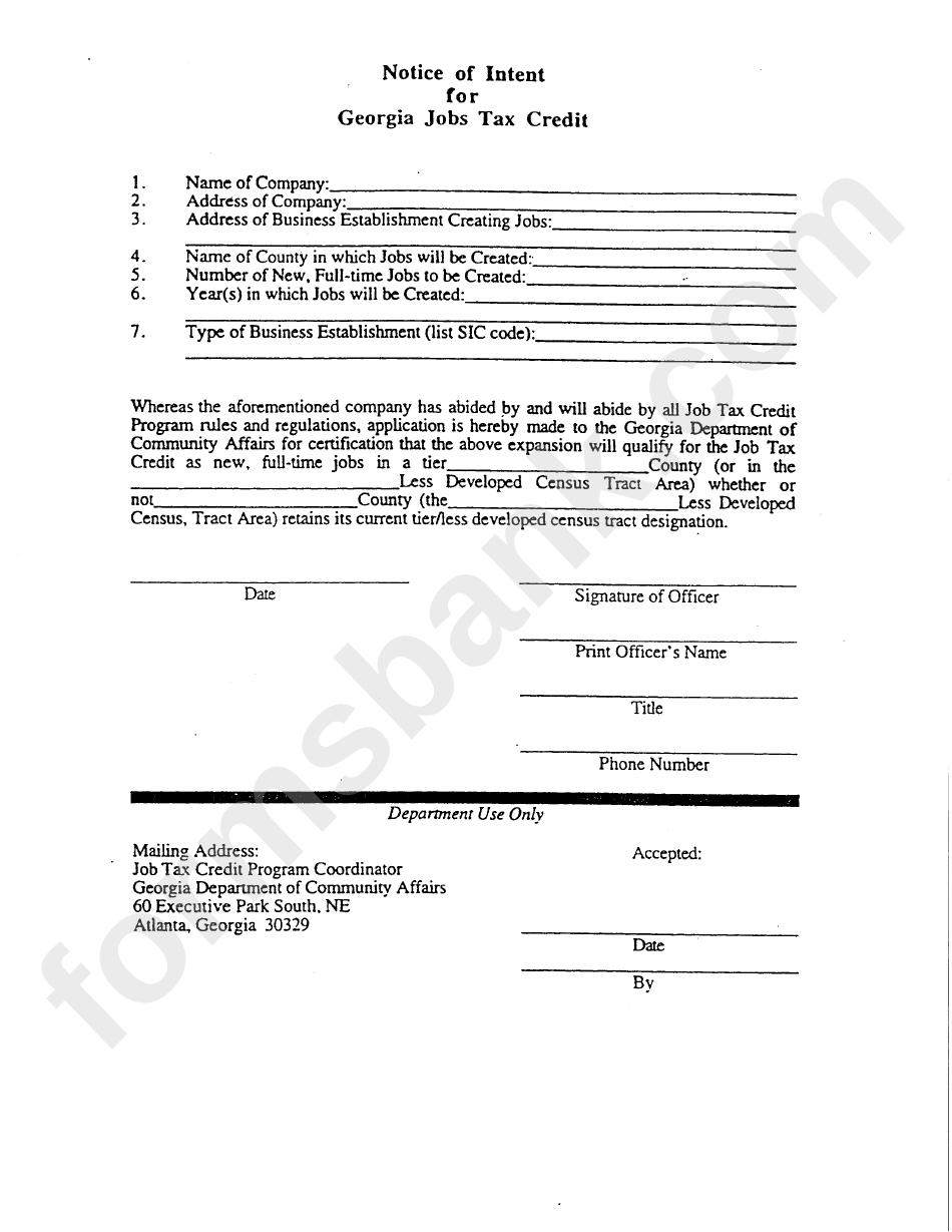 Fillable Notice Of Intent For Jobs Tax Credit printable pdf