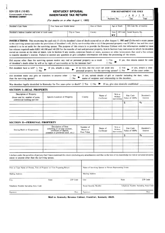 Form 92a120X Kentucky Spousal Inheritance Tax Return printable pdf