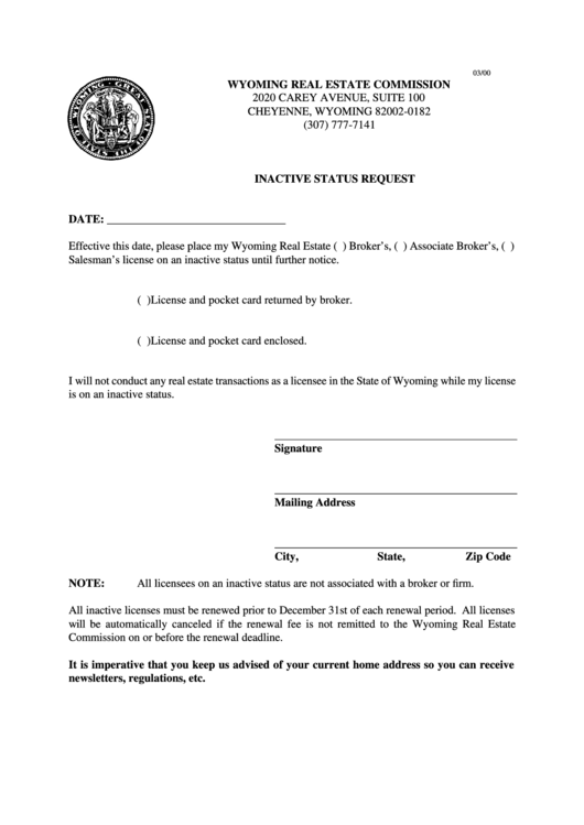 Inactive Status Request Form Wyoming Real Estate Commission printable