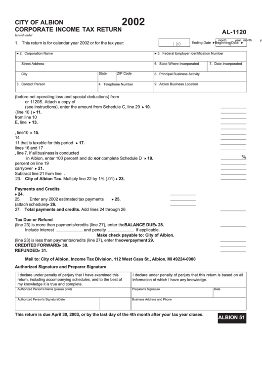 Form Al1120 Corporate Tax Return City Of Albion 2002