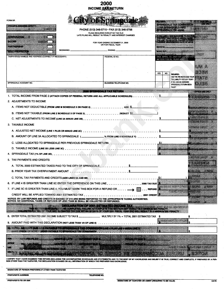Form Br Tax Return City Of Springdale, 2000 printable pdf