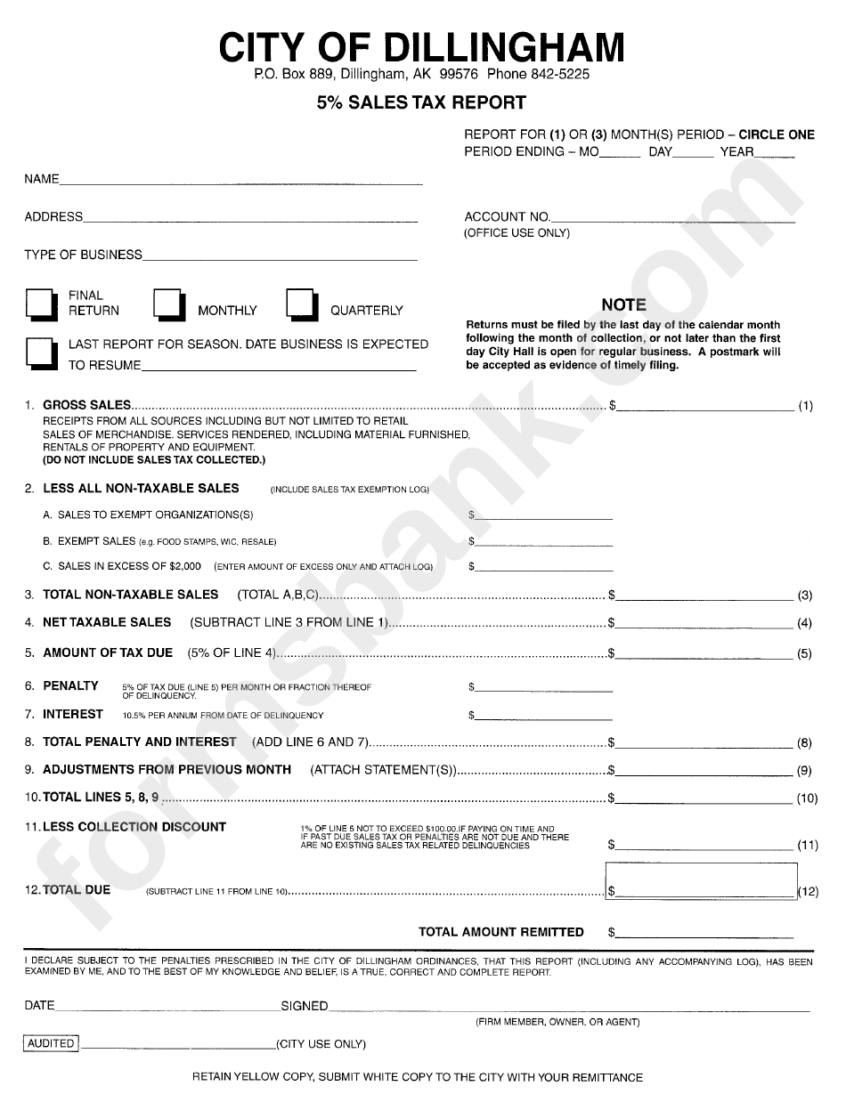 5 Sales Tax Report City Of Dillingham printable pdf download