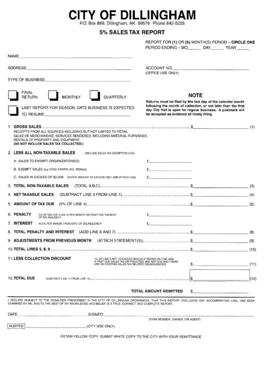 5 Sales Tax Report City Of Dillingham printable pdf download