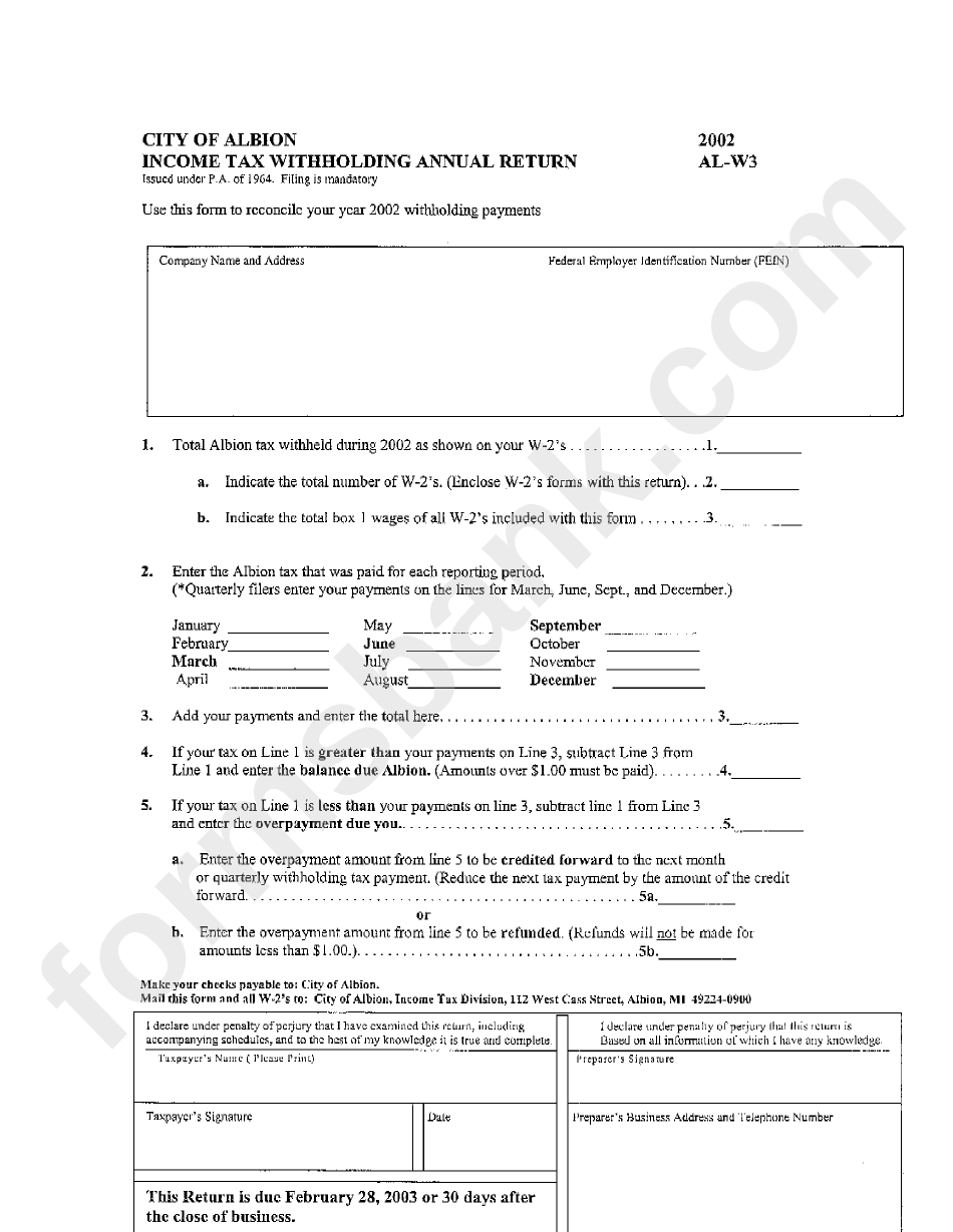 Form AlW3 Tax Withholding Annual Return City Of Albion