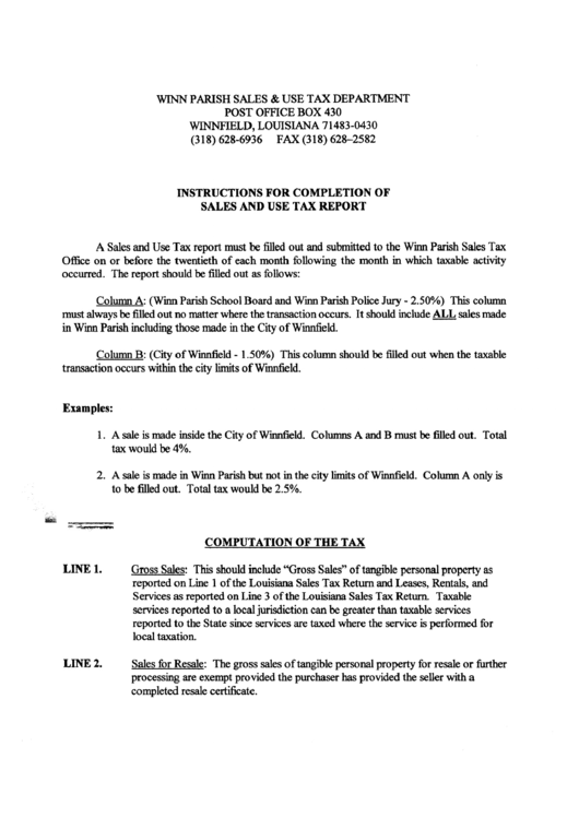Instructions For Completion Of Sales And Use Tax Report Winn Parish