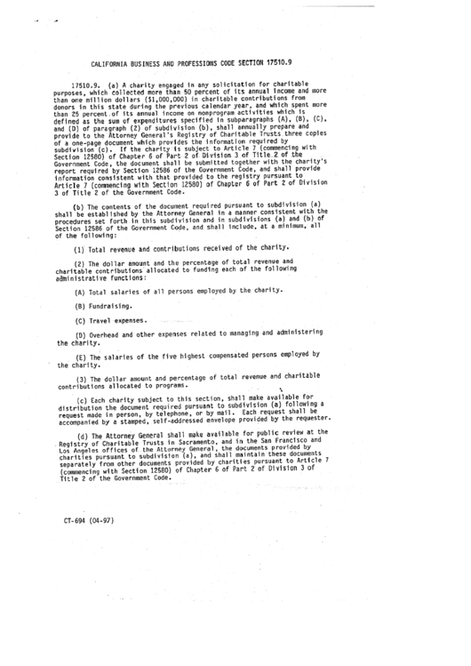 Instructions For Form Ct694 California Business And Professions Code Section 17510.9 1997