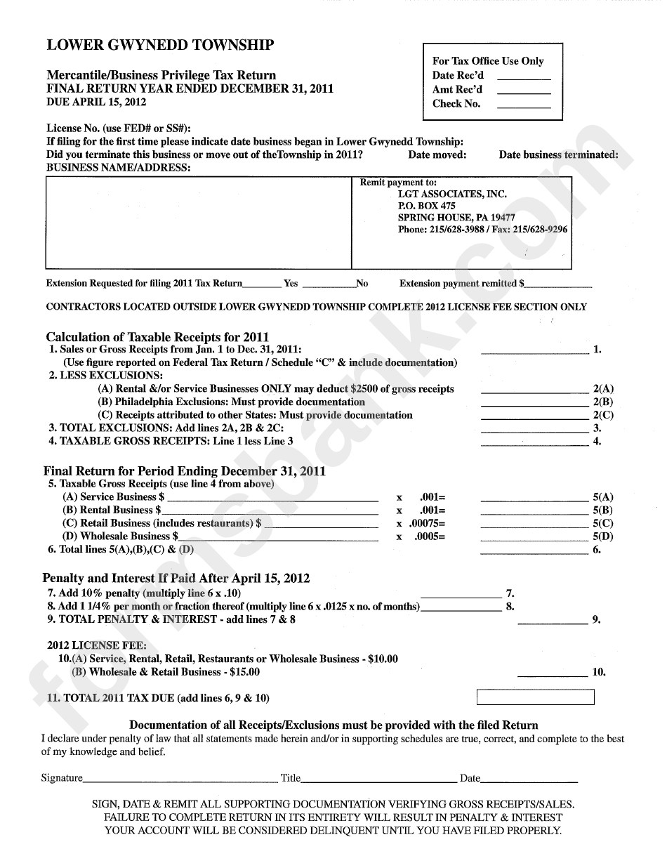 Mercantile/business Privilege Tax Return Lower Gwynedd Township