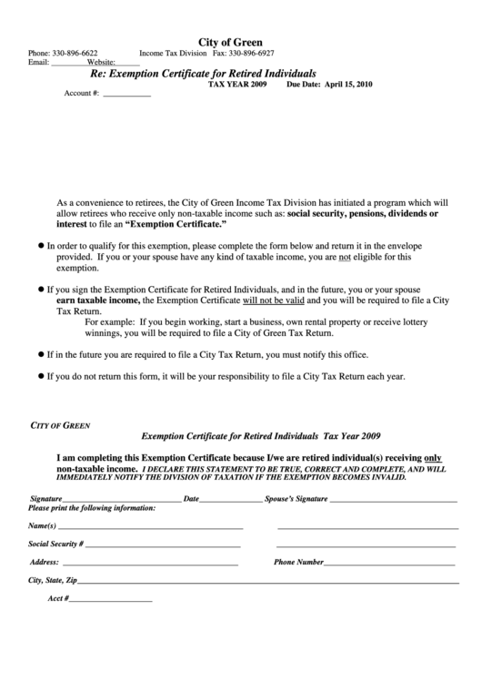 Exemption Certificate For Retired Individuals City Of Green, Ohio