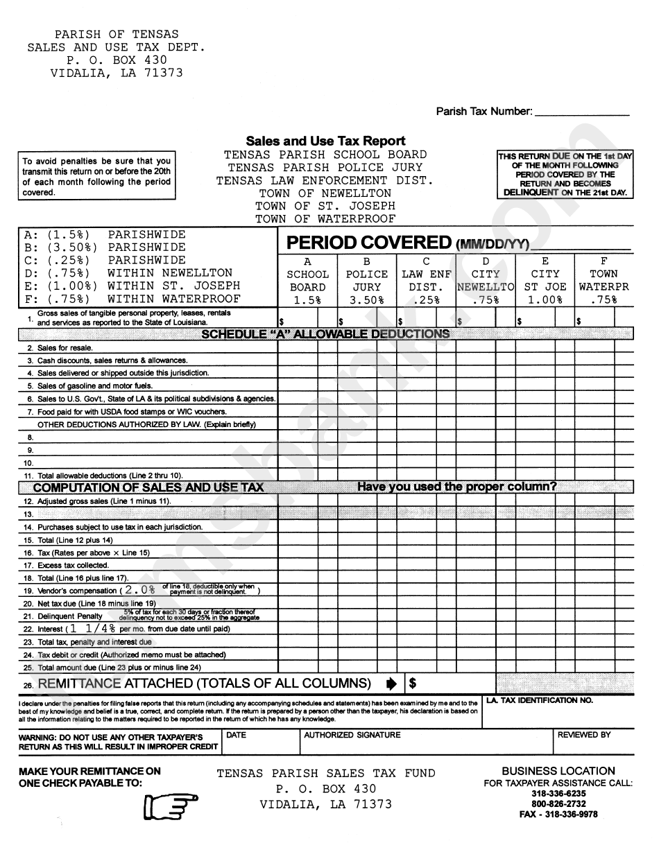 Sales And Use Tax Report Parish Of Tensas, Louisiana printable pdf