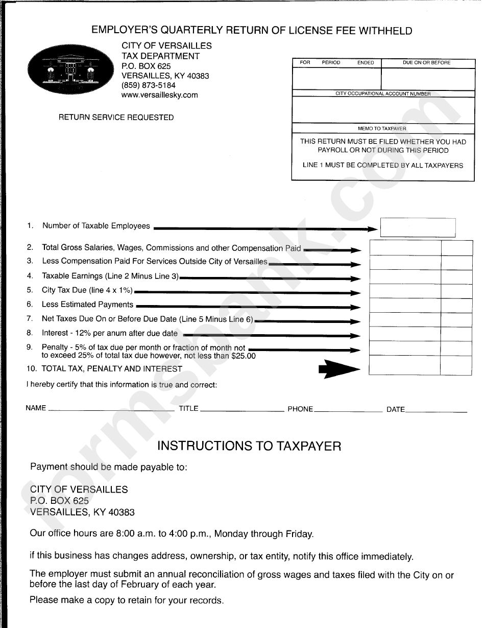 Employer'S Quarterly Return Of License Fee Withheld City Of