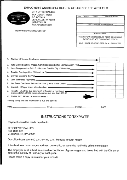 Employer'S Quarterly Return Of License Fee Withheld City Of