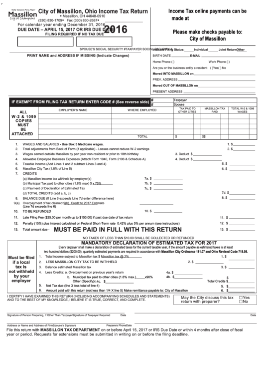Ohio Tax Return City Of Massillon 2016 printable pdf download