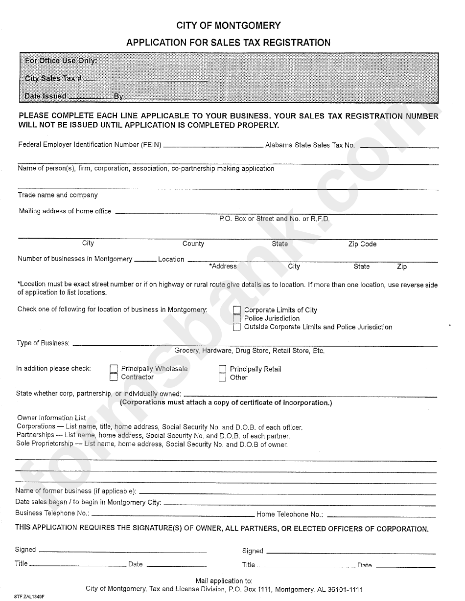 Application For Sales Tax Registration City Of Montgomery, Alabama
