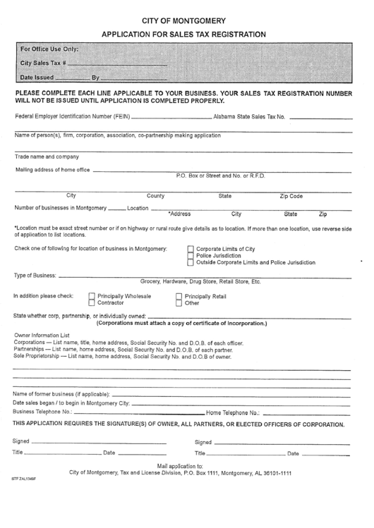 Application For Sales Tax Registration City Of Montgomery, Alabama