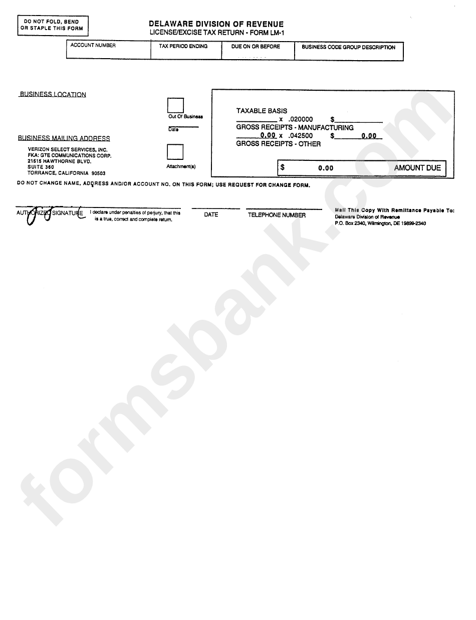 Form Lm1 License/excise Tax Return Delaware Division