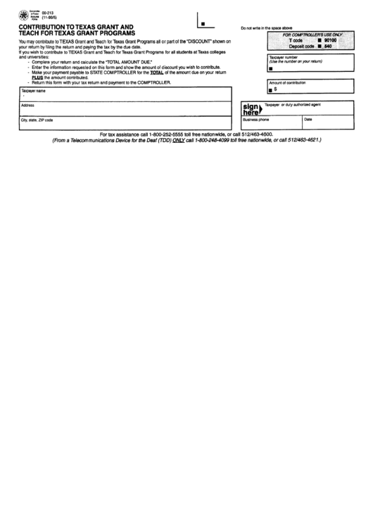 Form 00213 Contribution To Texas Grant And Teach For Texas Grant