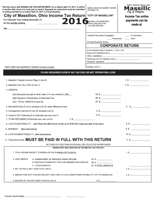 Ohio Tax Return City Of Massillon 2016 printable pdf download