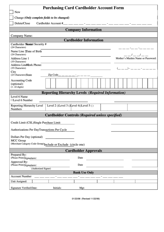 Purchasing Card Cardholder Account Form printable pdf download