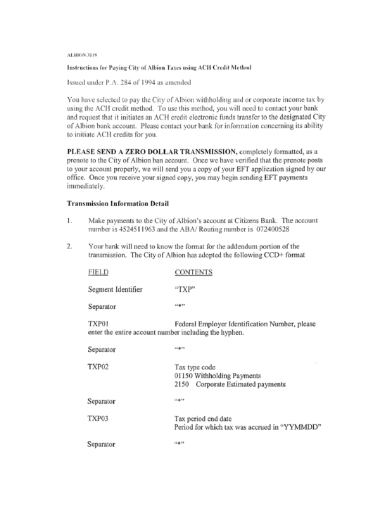 Instructions For Paying City Of Albion Taxes Using Ach Credit Method