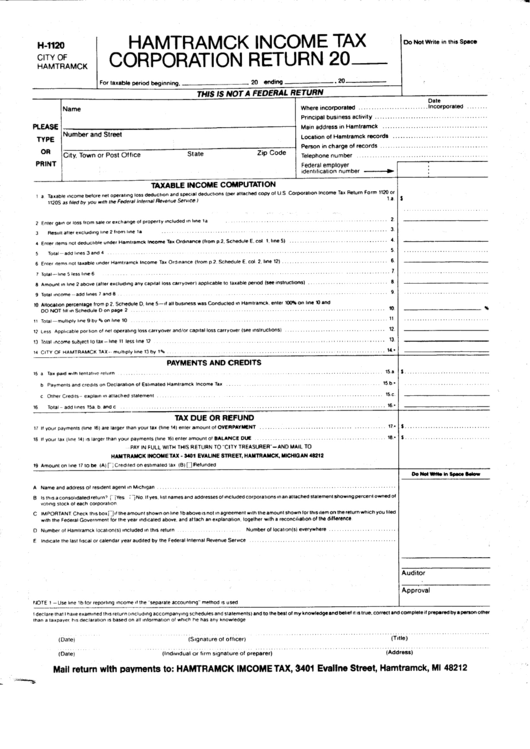 Form H1120 Hamtramck Tax Corporation Return State Of
