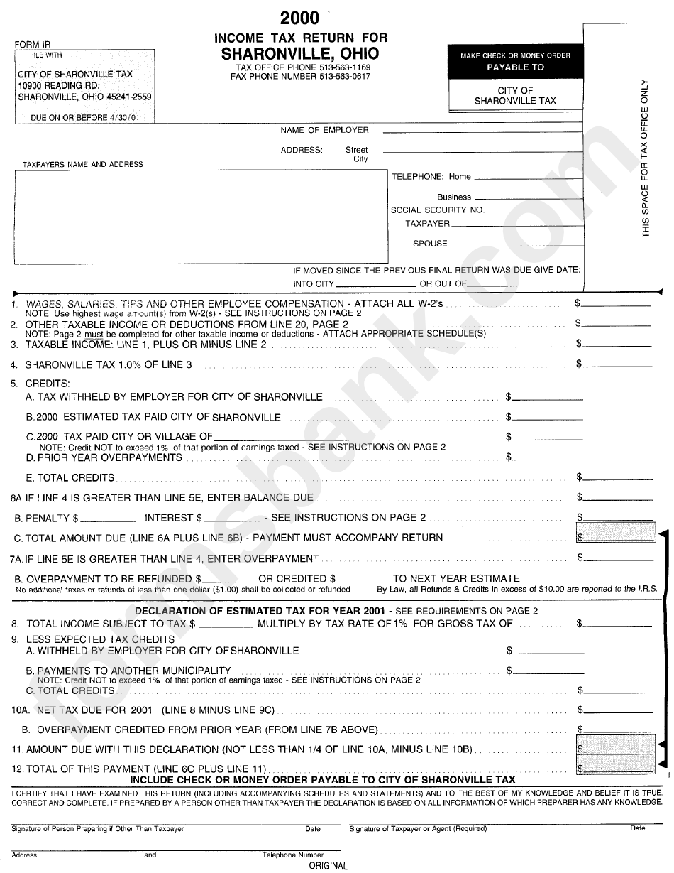 Form Ir Tax Return City Of Sharonville, 2000 printable pdf download