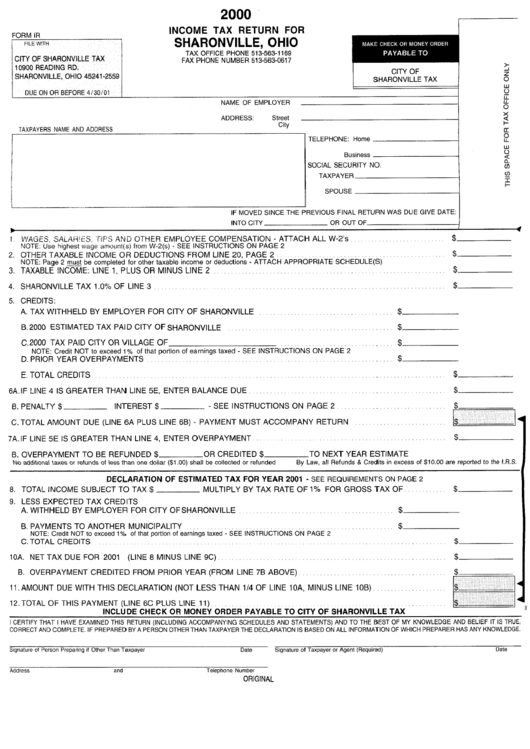 Form Ir Tax Return City Of Sharonville, 2000 printable pdf