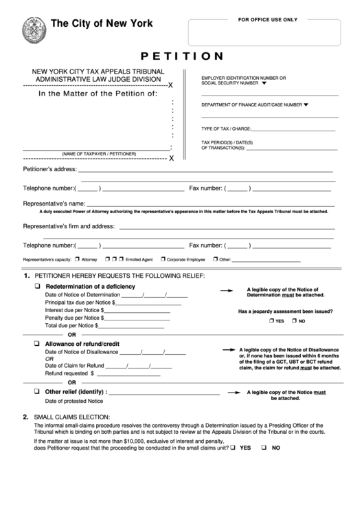 New York City Tax Appeals Tribunal Petition Form printable pdf download