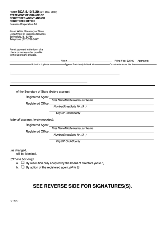 Form Bca 5.10/5.20 Statement Of Change Of Registered Agent And/or