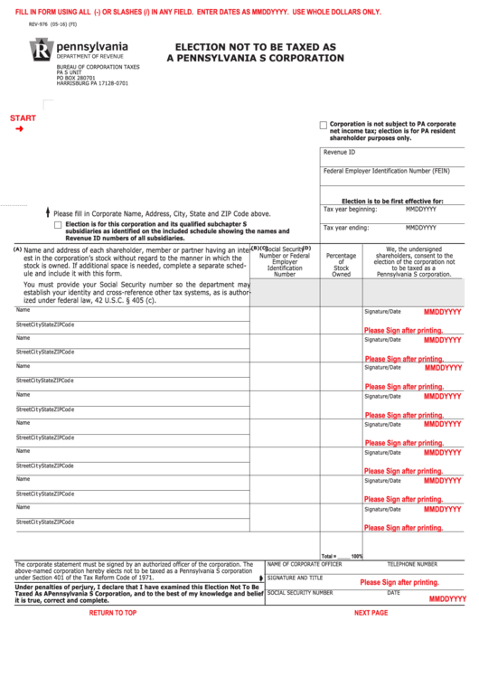 Fillable Form Rev976 Election Not To Be Taxed As A Pennsylvania S