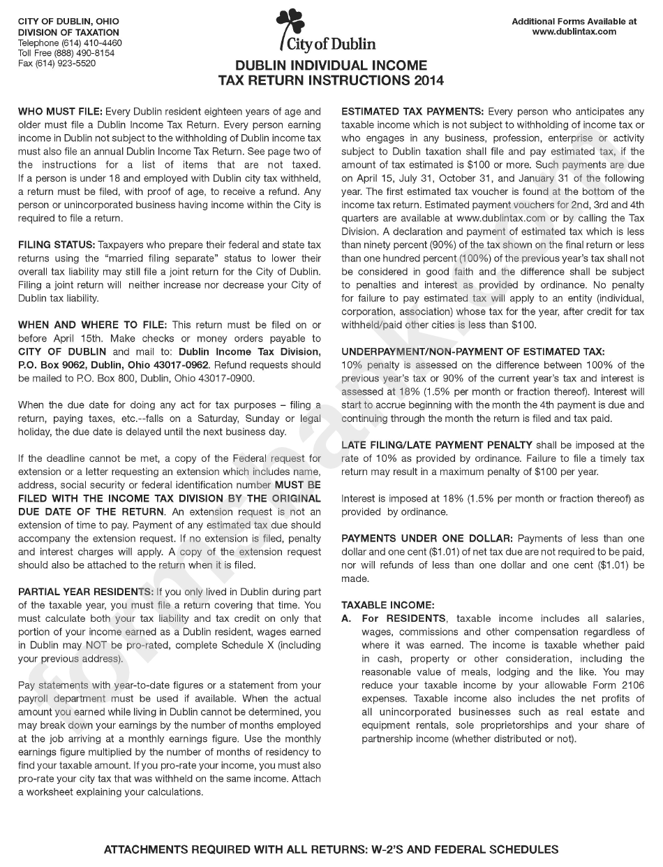 Instructions For Dublin Individual Tax Return 2014 printable pdf