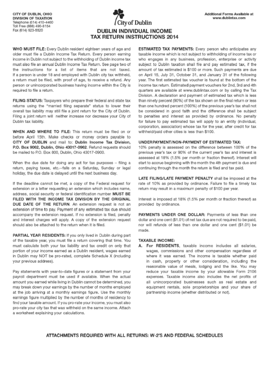 Instructions For Dublin Individual Tax Return 2014 printable pdf