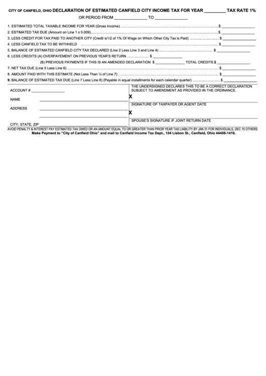 Declaration Of Estimated Canfield City Tax Form printable pdf