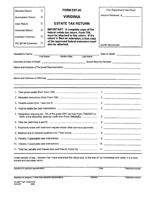 Fillable Form Est80 Virginia Estate Tax Return printable pdf download