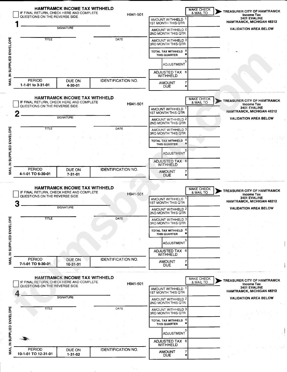Form H941501 Hamtramck Tax Withheld 2001 printable pdf download