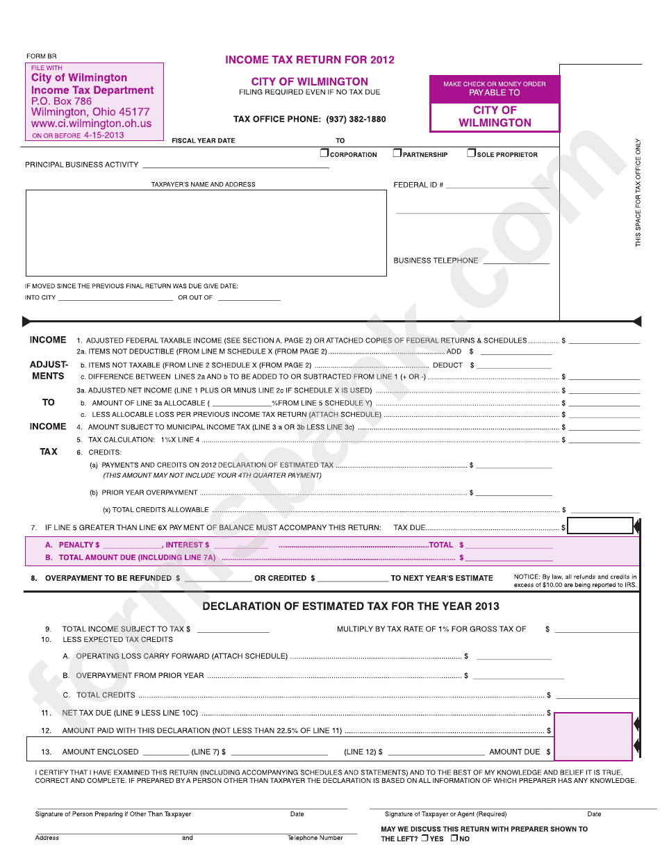Form Br Tax Return City Of Wilmington 2012 printable pdf
