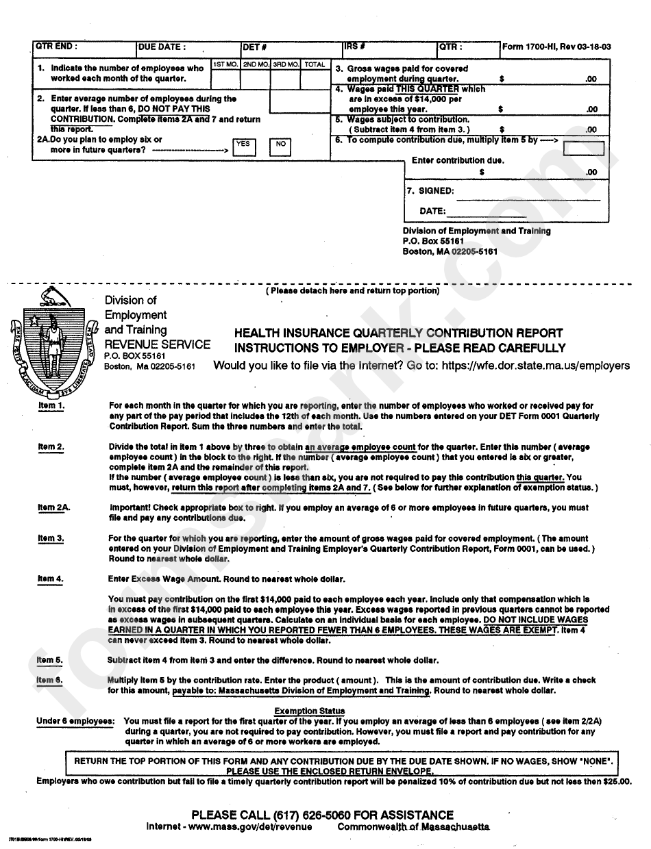 Form 1700Hi Health Insurance Quarterly Contribution Report printable