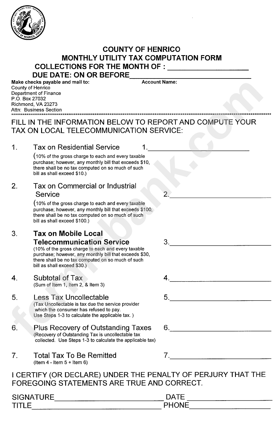 Monthly Utility Tax Computation Form County Of Henrico 2002